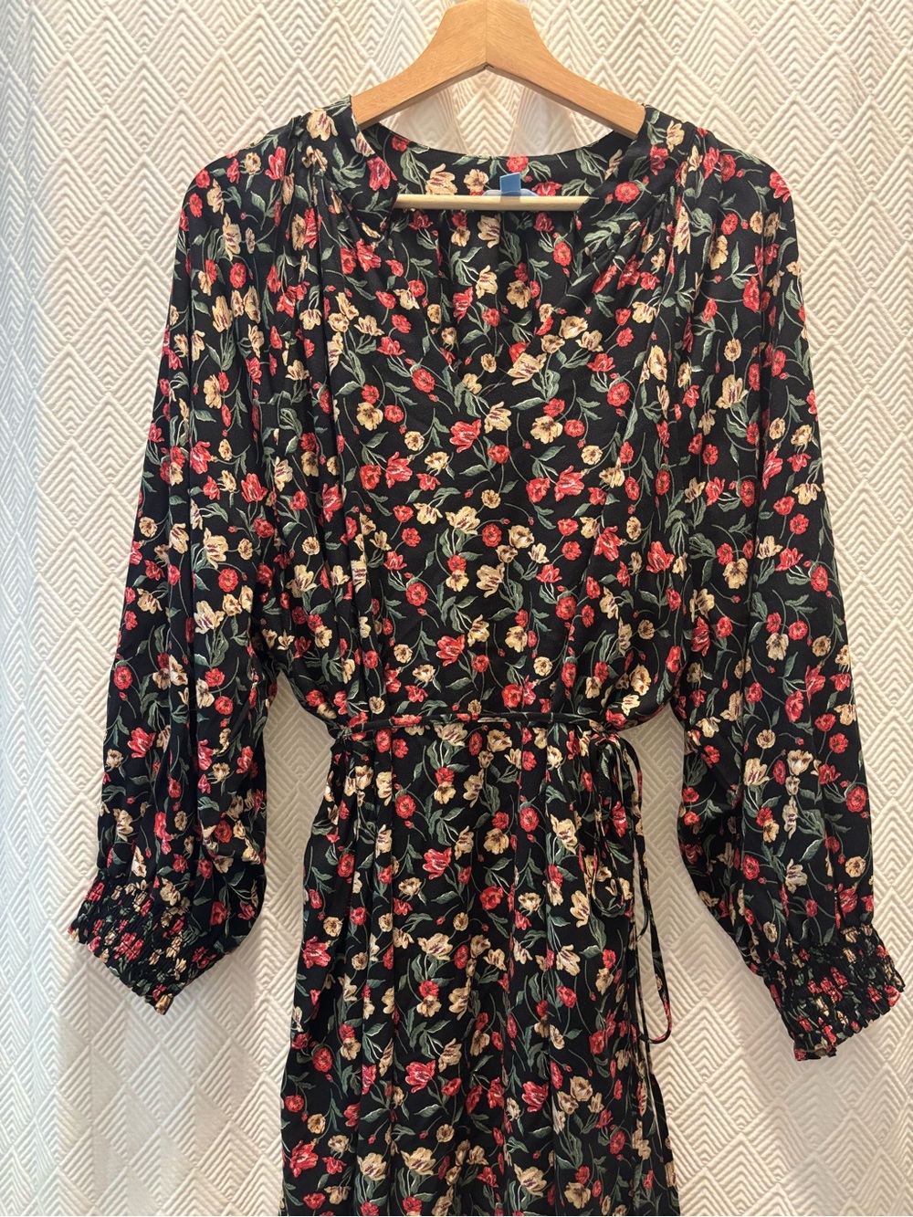 DRAPER JAMES RSVP Women's Black Floral Tie Waist Long Sleeve Dress Smocked Cuffs